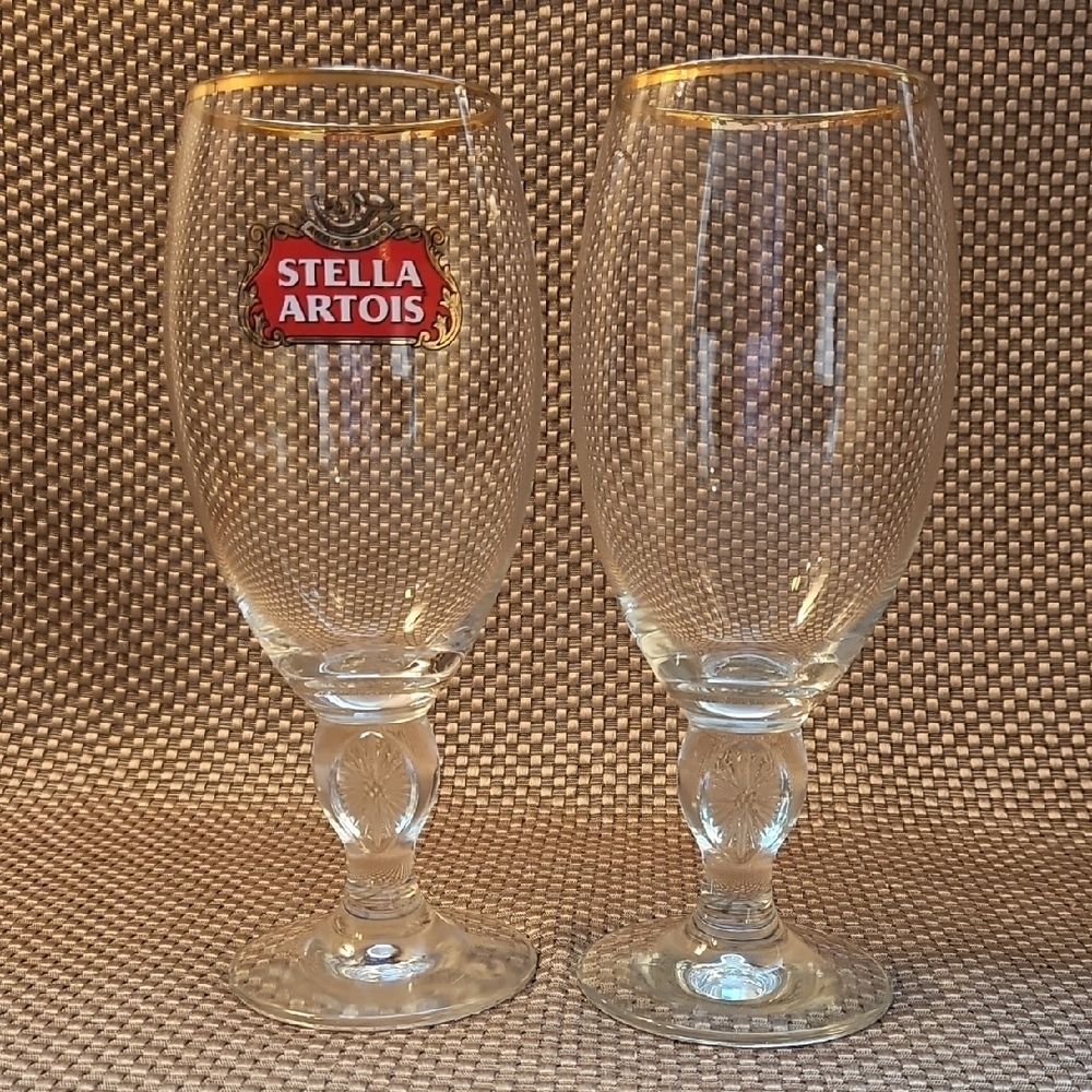 Two Stella Artois Gold Rimmed Beer Glasses Set One Is Uncommon No Label Vintage